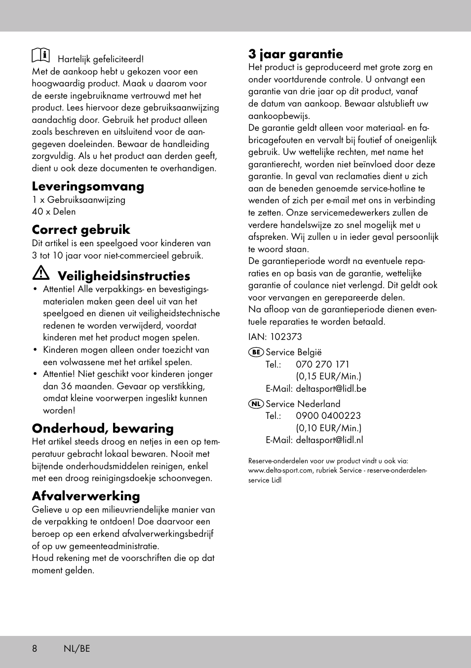 Leveringsomvang, Correct gebruik, Veiligheidsinstructies | Onderhoud, bewaring, Afvalverwerking, 3 jaar garantie | Playtive WOODEN MARBLE RUN User Manual | Page 8 / 12