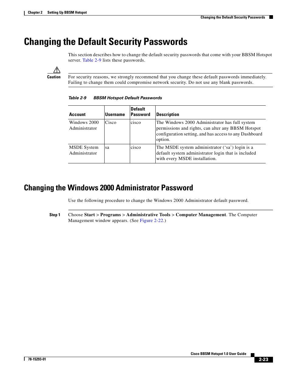 Changing the default security passwords, Changing the windows 2000 administrator password | Cisco BBSM 1 User Manual | Page 23 / 42