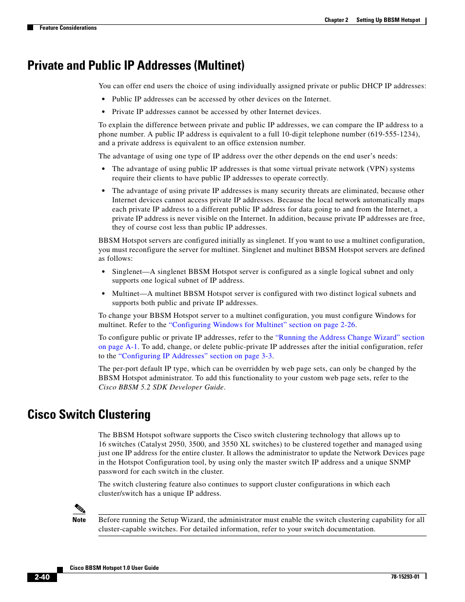 Private and public ip addresses (multinet), Cisco switch clustering | Cisco BBSM 1 User Manual | Page 40 / 42