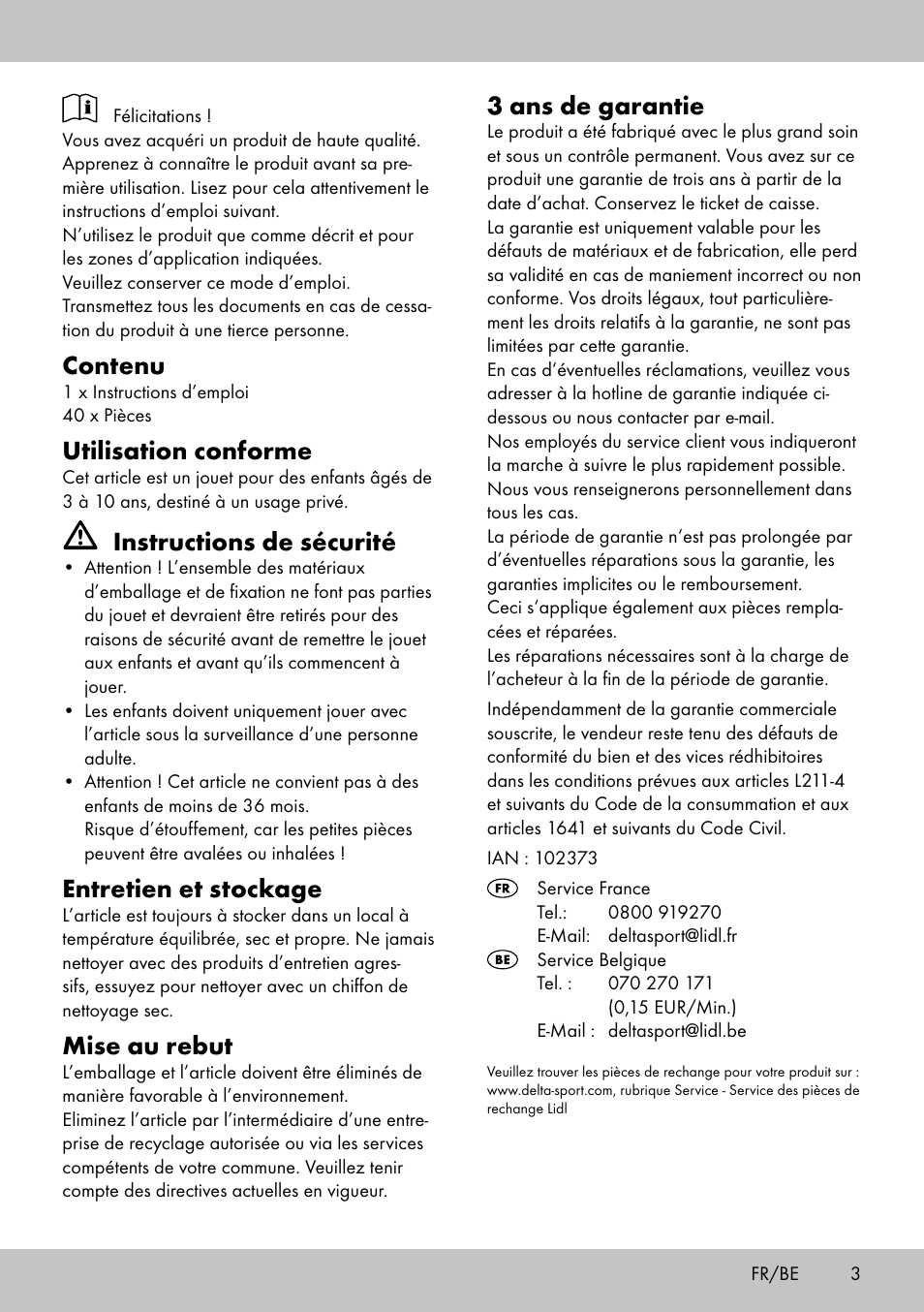 Contenu, Utilisation conforme, Instructions de sécurité | Entretien et stockage, Mise au rebut, 3 ans de garantie | Playtive WOODEN MARBLE RUN User Manual | Page 3 / 8