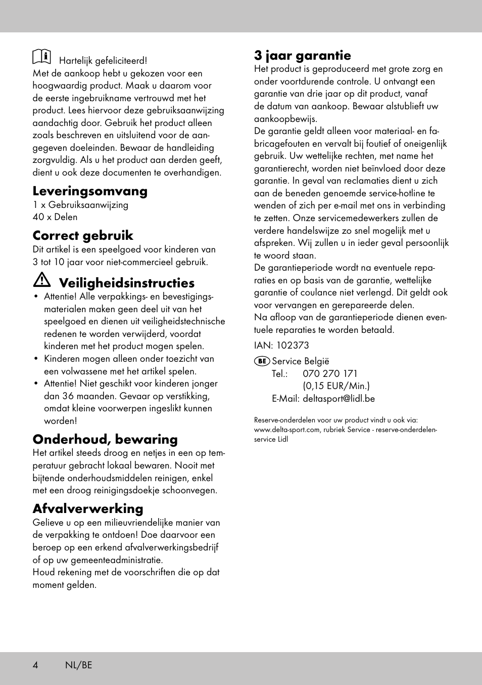 Leveringsomvang, Correct gebruik, Veiligheidsinstructies | Onderhoud, bewaring, Afvalverwerking, 3 jaar garantie | Playtive WOODEN MARBLE RUN User Manual | Page 4 / 8