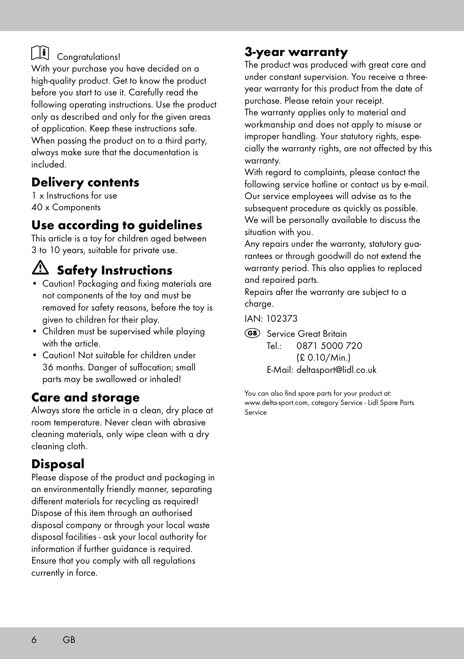 Delivery contents, Use according to guidelines, Safety instructions | Care and storage, Disposal, Year warranty | Playtive WOODEN MARBLE RUN User Manual | Page 6 / 8