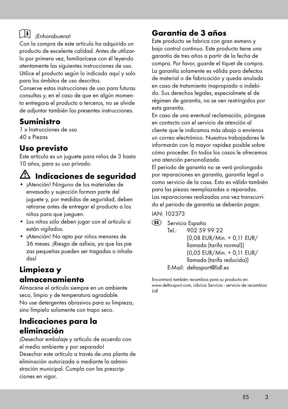Suministro, Uso previsto, Indicaciones de seguridad | Limpieza y almacenamiento, Indicaciones para la eliminación, Garantía de 3 años | Playtive WOODEN MARBLE RUN User Manual | Page 3 / 8