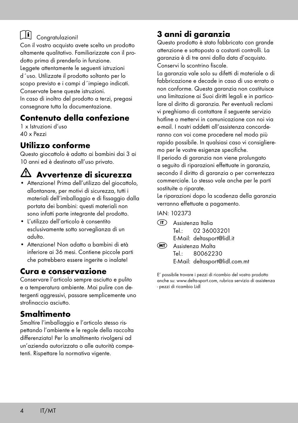 Contenuto della confezione, Utilizzo conforme, Avvertenze di sicurezza | Cura e conservazione, Smaltimento, 3 anni di garanzia | Playtive WOODEN MARBLE RUN User Manual | Page 4 / 8