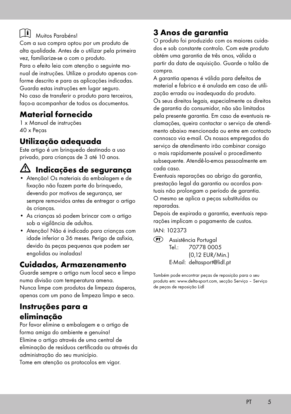 Material fornecido, Utilização adequada, Indicações de segurança | Cuidados, armazenamento, Instruções para a eliminação, 3 anos de garantia | Playtive WOODEN MARBLE RUN User Manual | Page 5 / 8