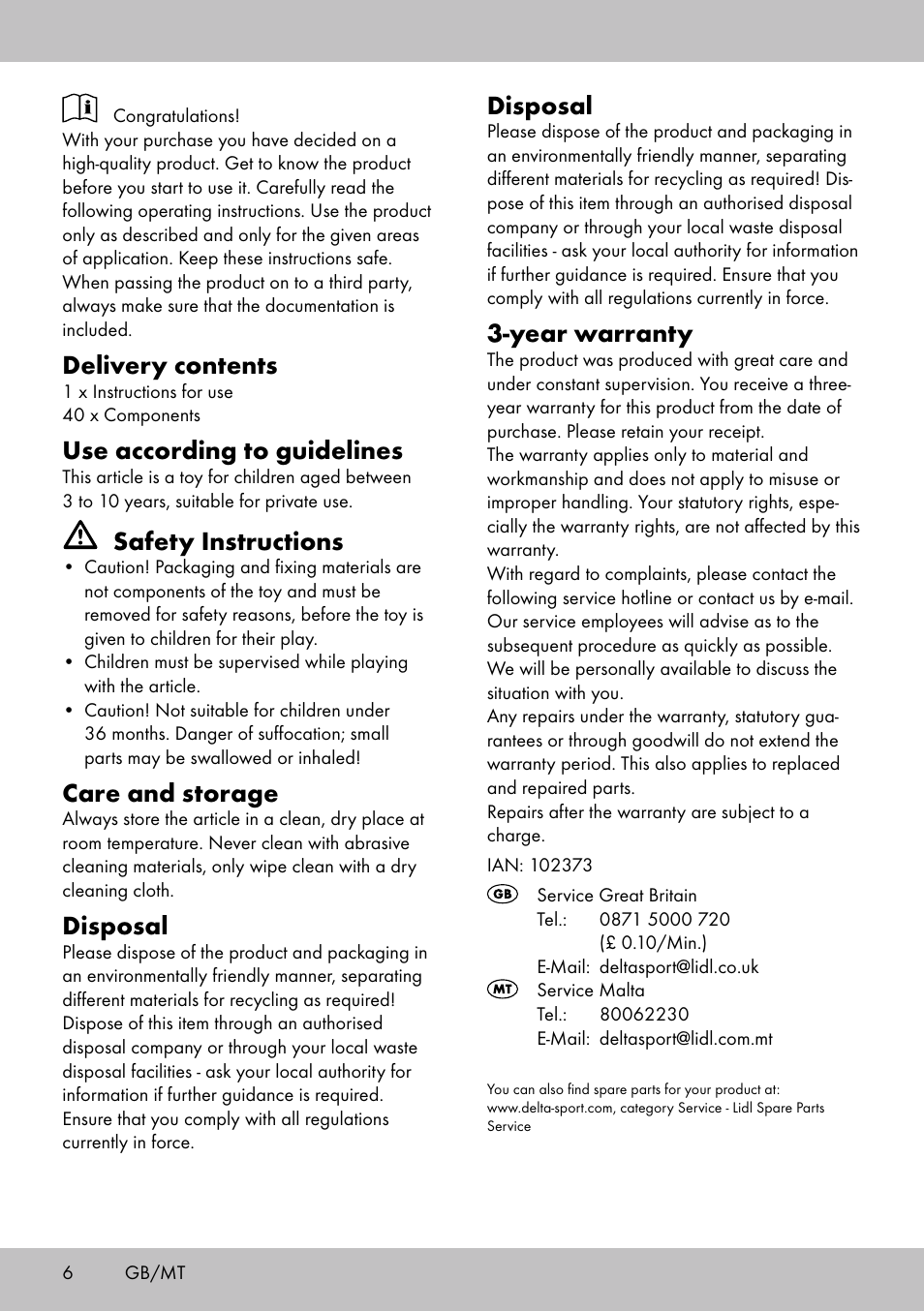 Delivery contents, Use according to guidelines, Safety instructions | Care and storage, Disposal, Year warranty | Playtive WOODEN MARBLE RUN User Manual | Page 6 / 8