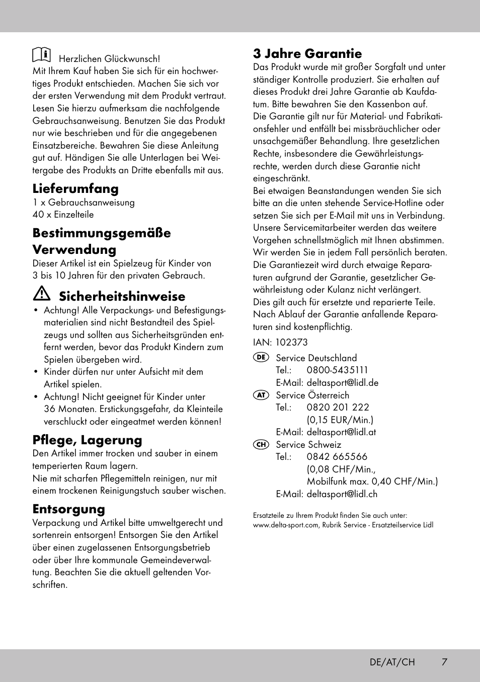 Lieferumfang, Bestimmungsgemäße verwendung, Sicherheitshinweise | Pflege, lagerung, Entsorgung, 3 jahre garantie | Playtive WOODEN MARBLE RUN User Manual | Page 7 / 8
