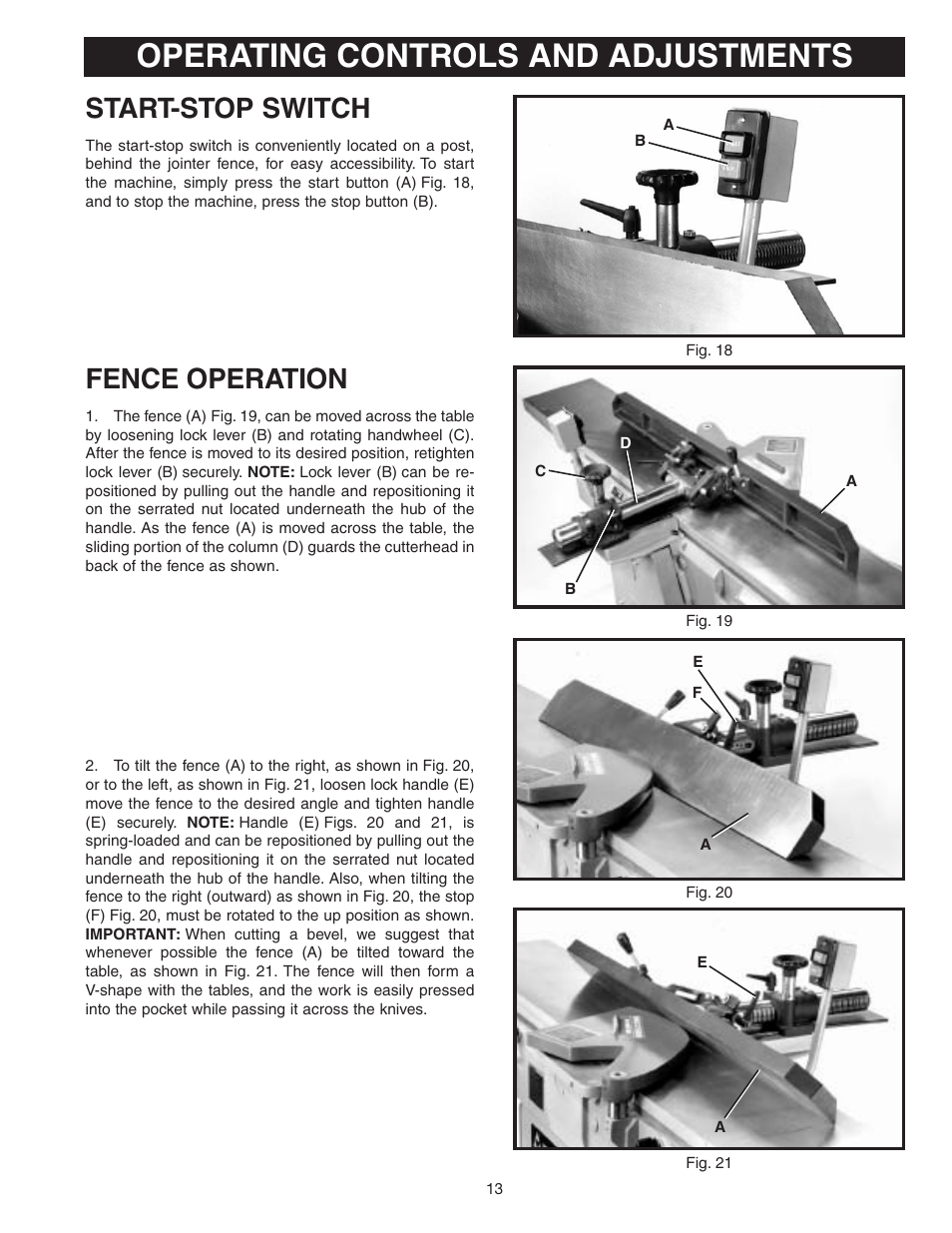 Operating controls and adjustments, Start-stop switch, Fence operation | Delta 37-360 User Manual | Page 13 / 24