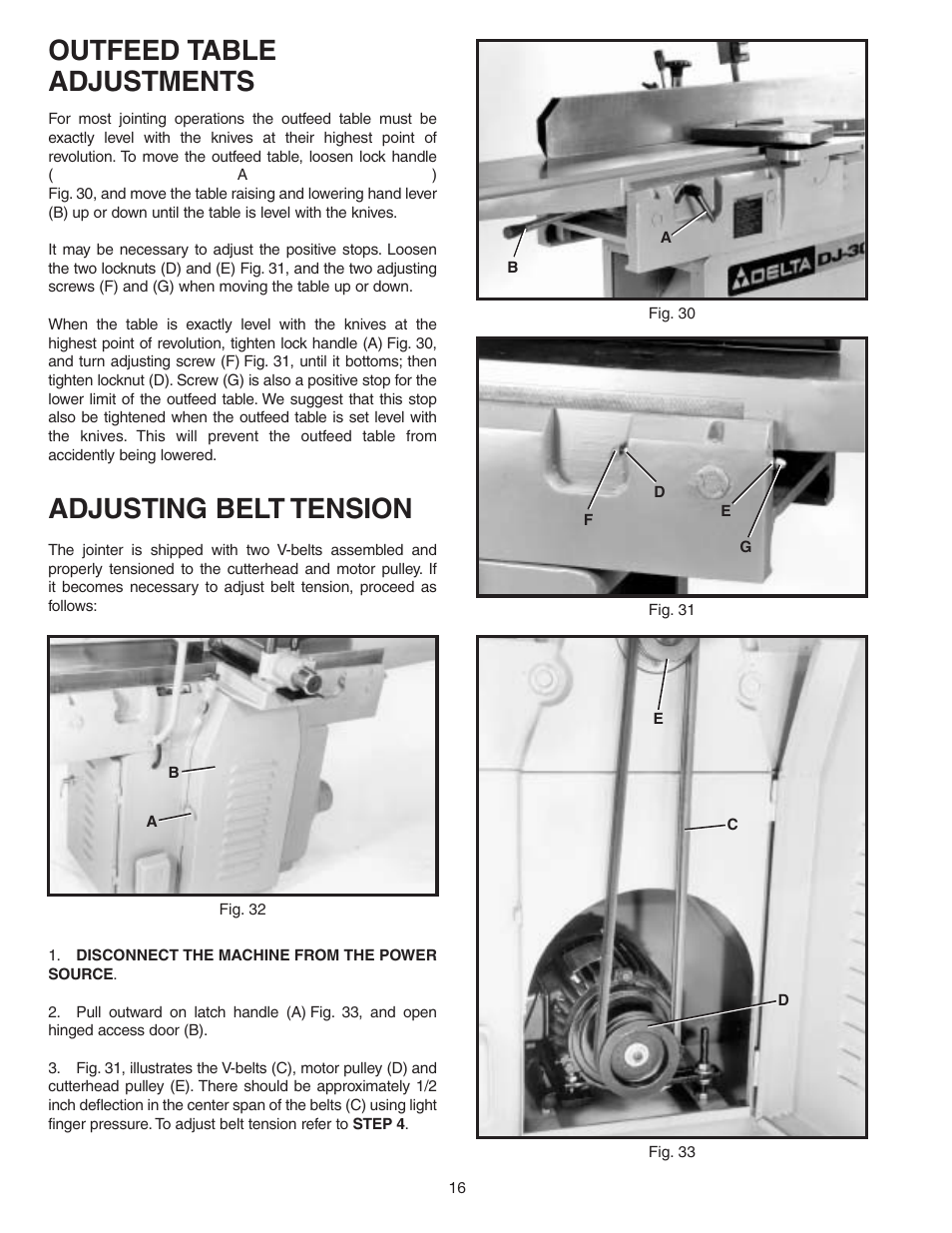 Outfeed table adjustments, Adjusting belt tension | Delta 37-360 User Manual | Page 16 / 24