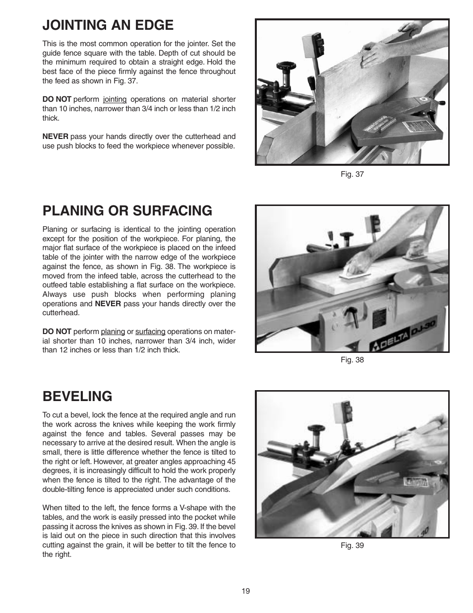 Jointing an edge, Planing or surfacing, Beveling | Delta 37-360 User Manual | Page 19 / 24
