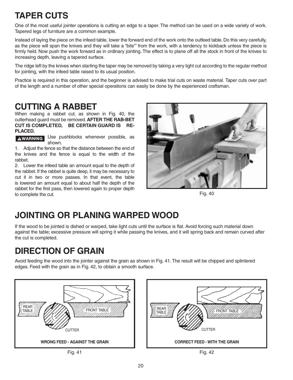 Taper cuts, Cutting a rabbet, Jointing or planing warped wood | Direction of grain | Delta 37-360 User Manual | Page 20 / 24