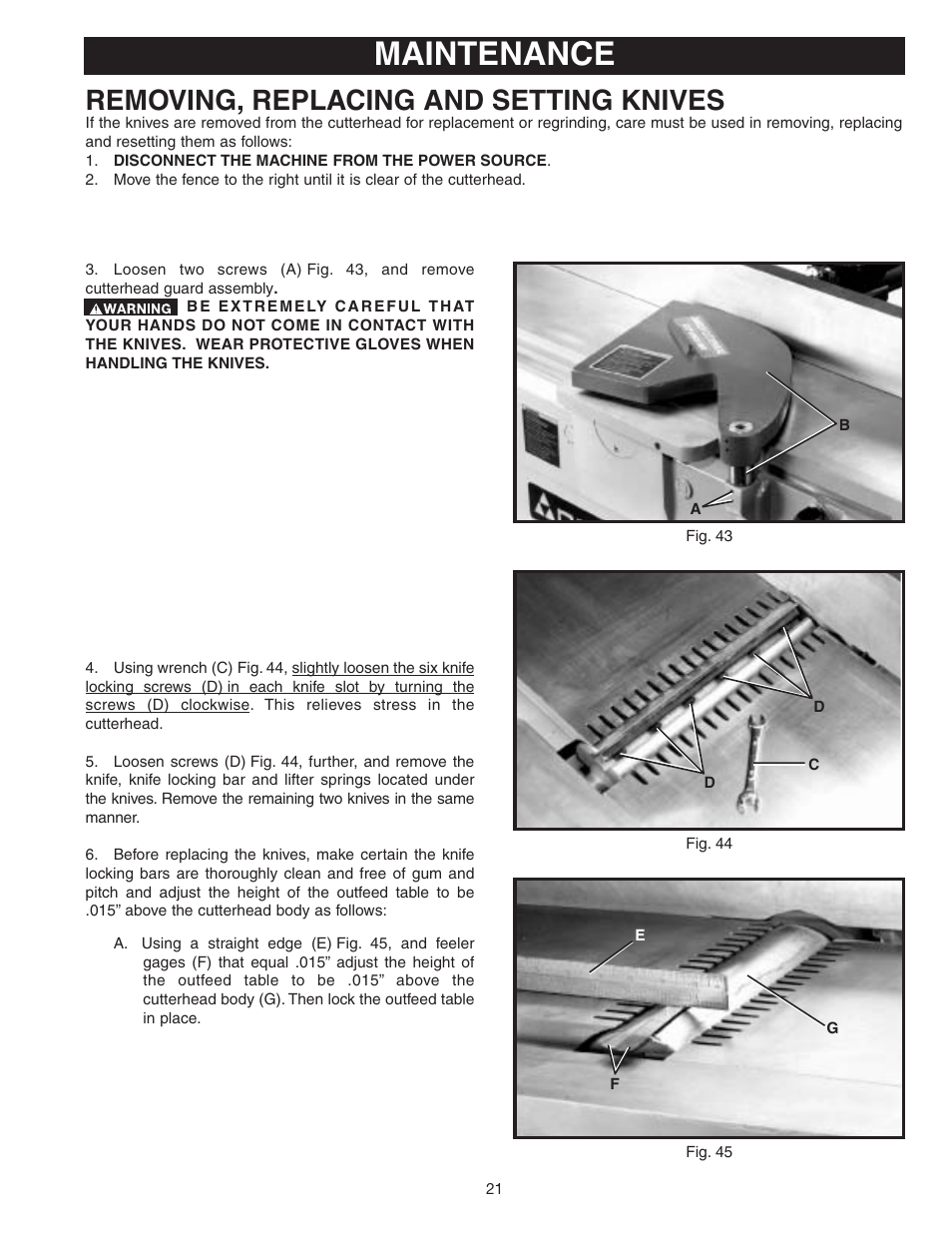 Maintenance, Removing, replacing and setting knives | Delta 37-360 User Manual | Page 21 / 24