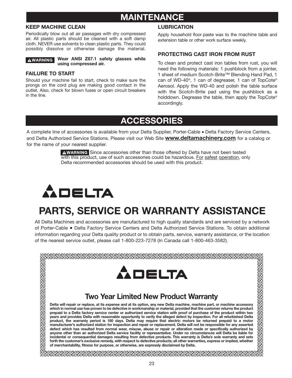 Parts, service or warranty assistance, Maintenance, Accessories | Two year limited new product warranty | Delta 37-360 User Manual | Page 23 / 24