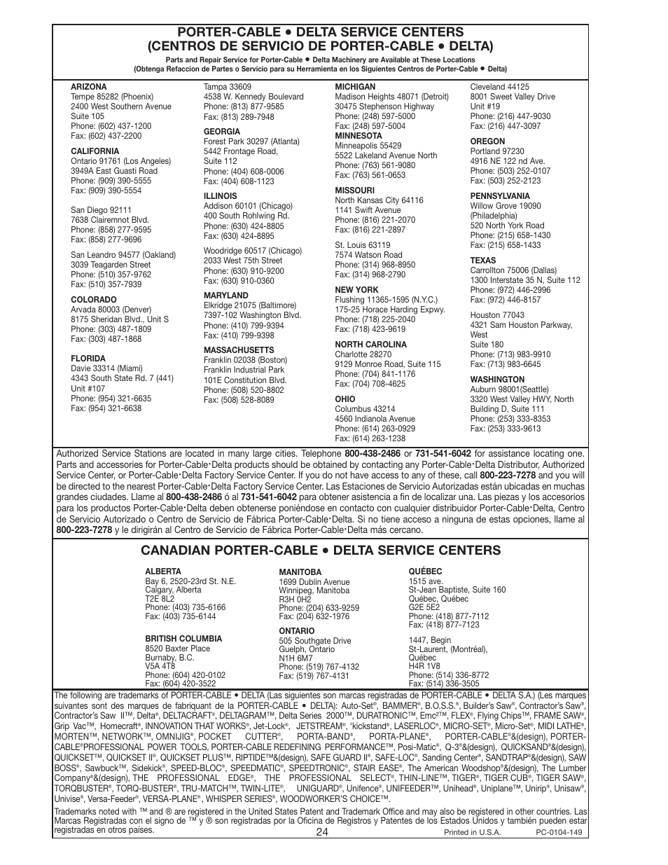 Porter-cable, Delta), Canadian porter-cable | Delta service centers | Delta 37-360 User Manual | Page 24 / 24