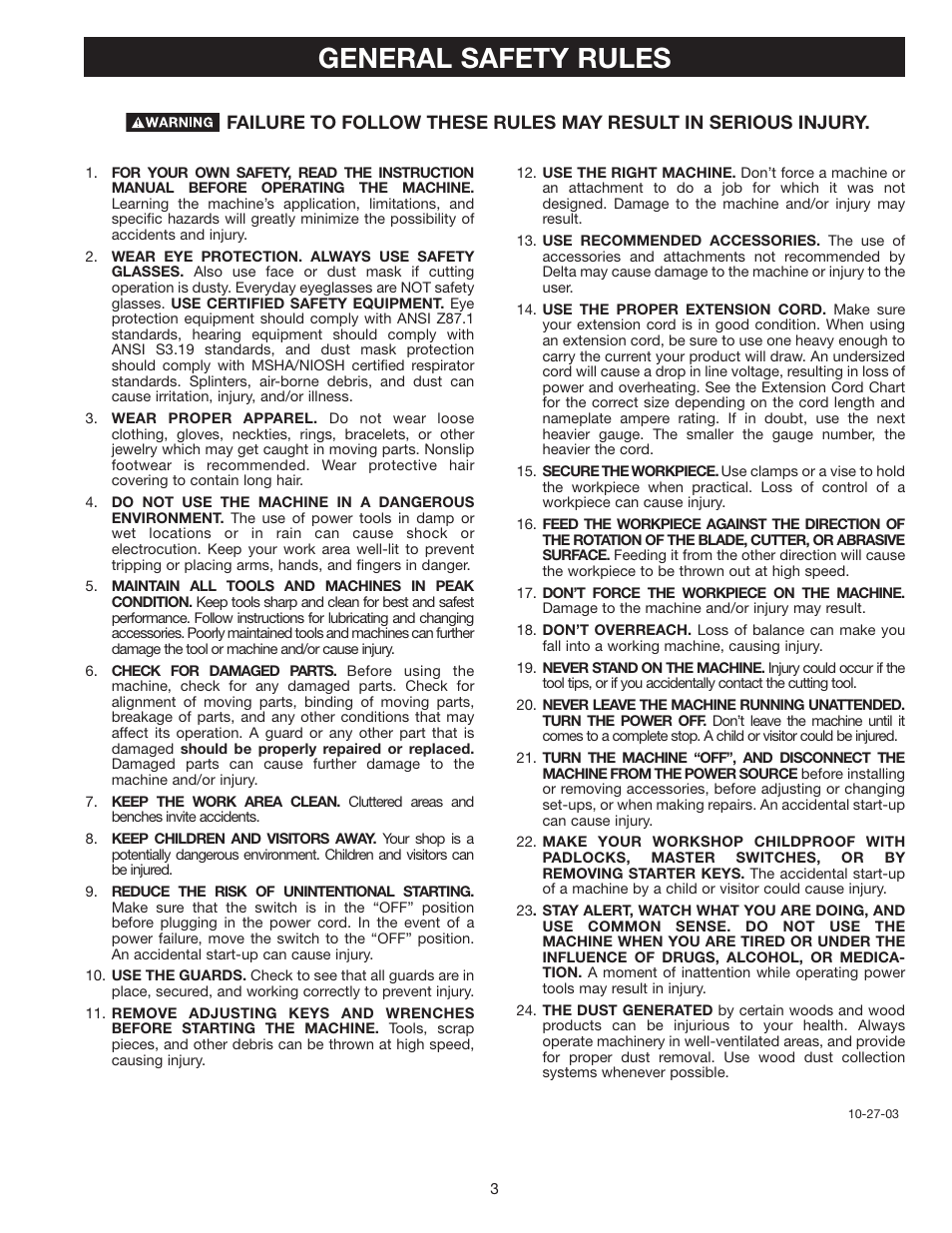 General safety rules | Delta 37-360 User Manual | Page 3 / 24