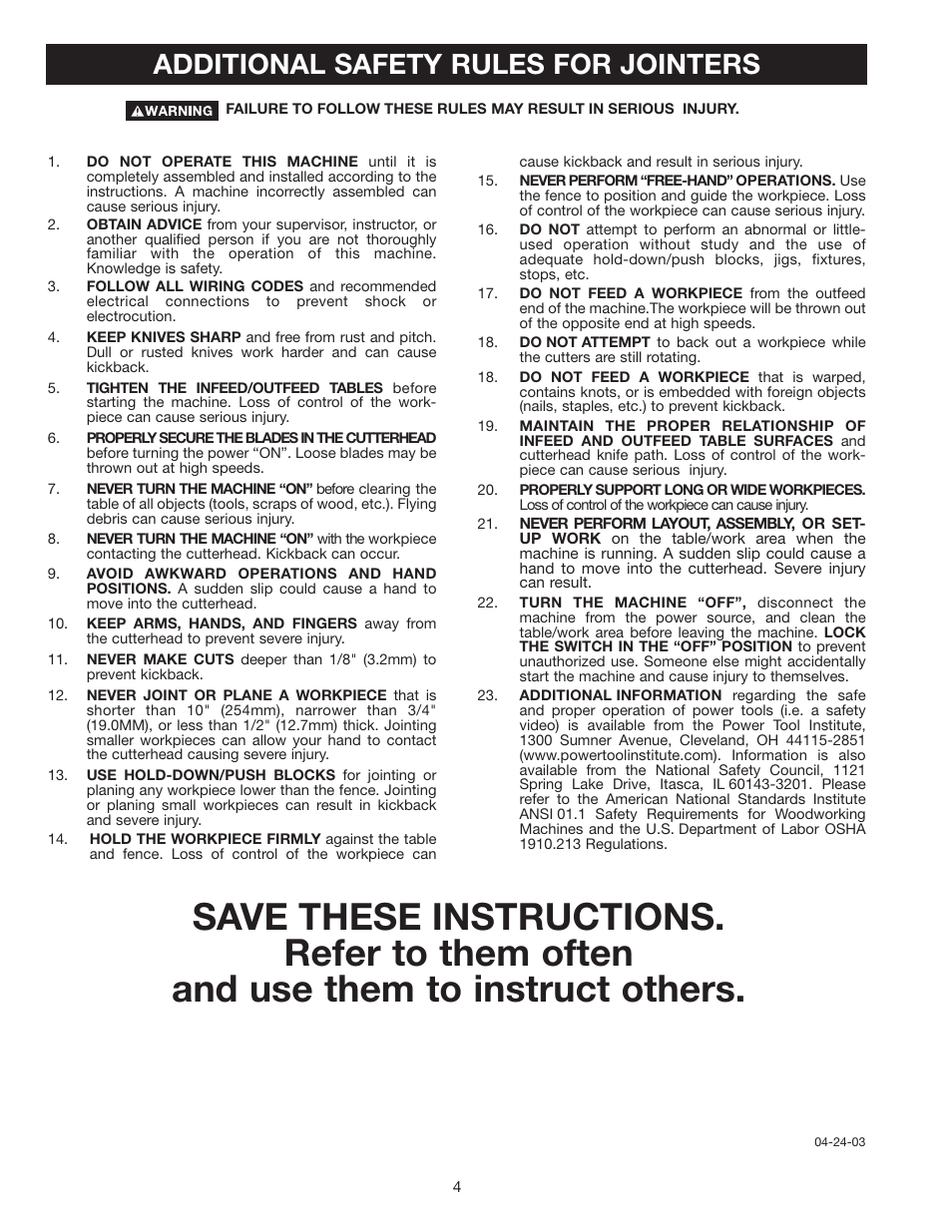 Additional safety rules for jointers | Delta 37-360 User Manual | Page 4 / 24