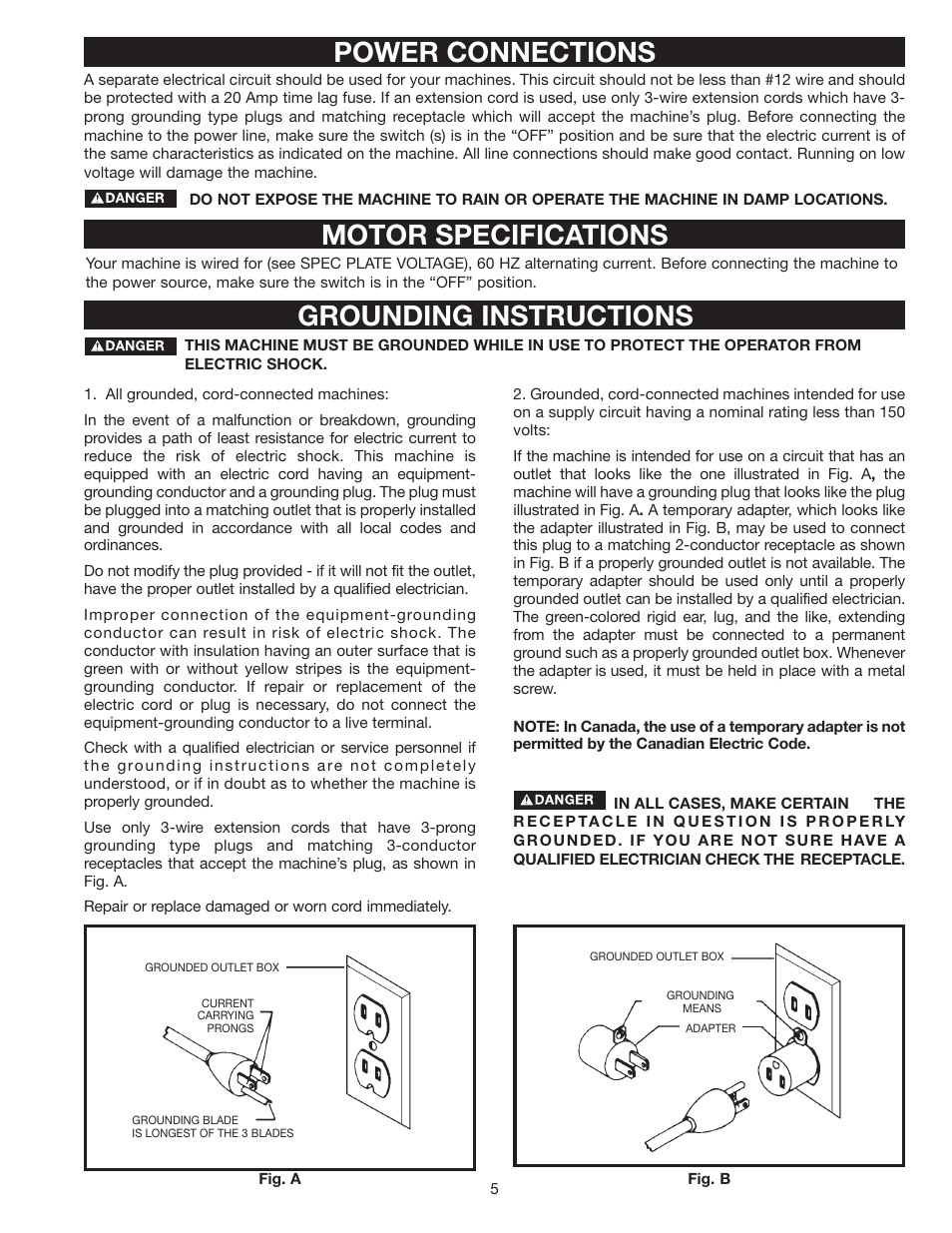 Power connections motor specifications, Grounding instructions | Delta 37-360 User Manual | Page 5 / 24