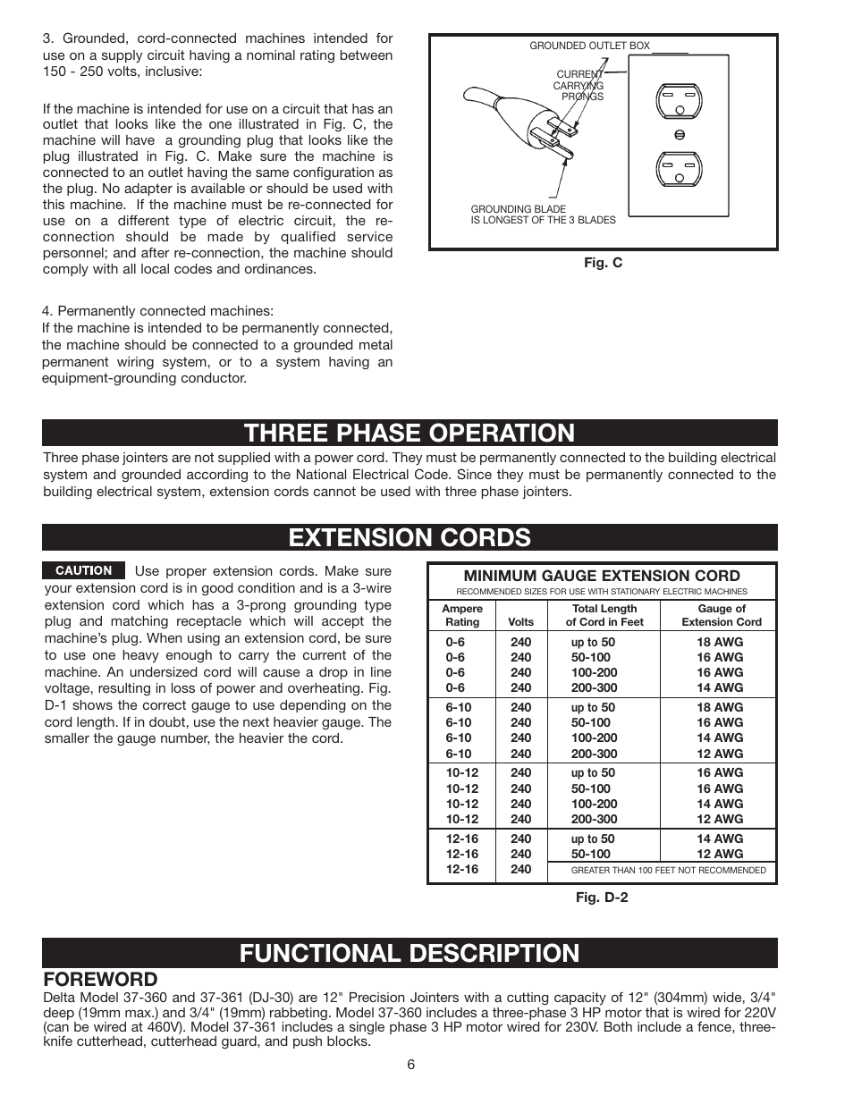 Extension cords, Functional description, Three phase operation | Foreword | Delta 37-360 User Manual | Page 6 / 24