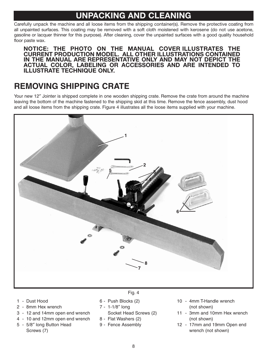 Unpacking and cleaning, Removing shipping crate | Delta 37-360 User Manual | Page 8 / 24