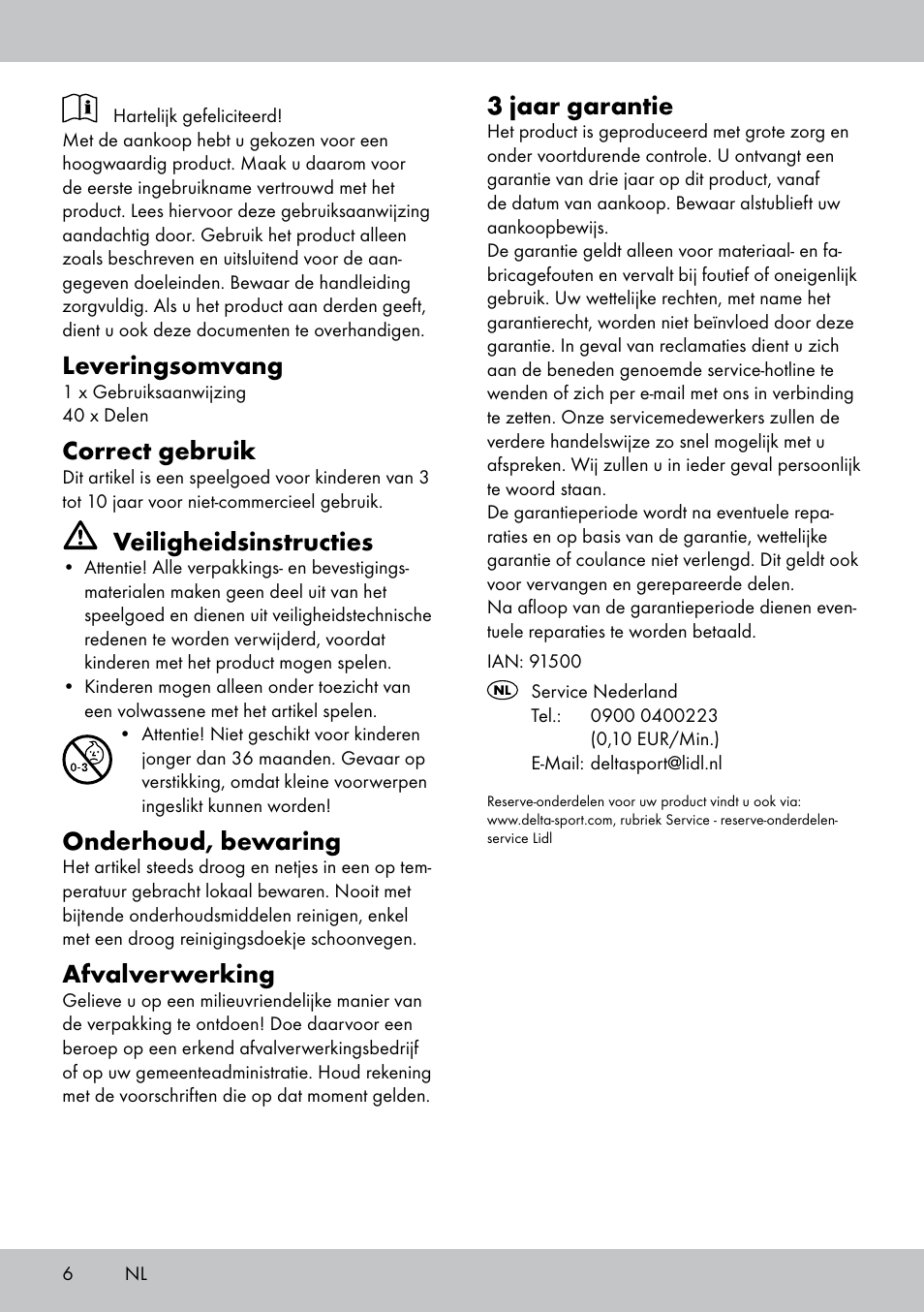 Leveringsomvang, Correct gebruik, Veiligheidsinstructies | Onderhoud, bewaring, Afvalverwerking, 3 jaar garantie | Playtive WOODEN MARBLE RUN User Manual | Page 6 / 8