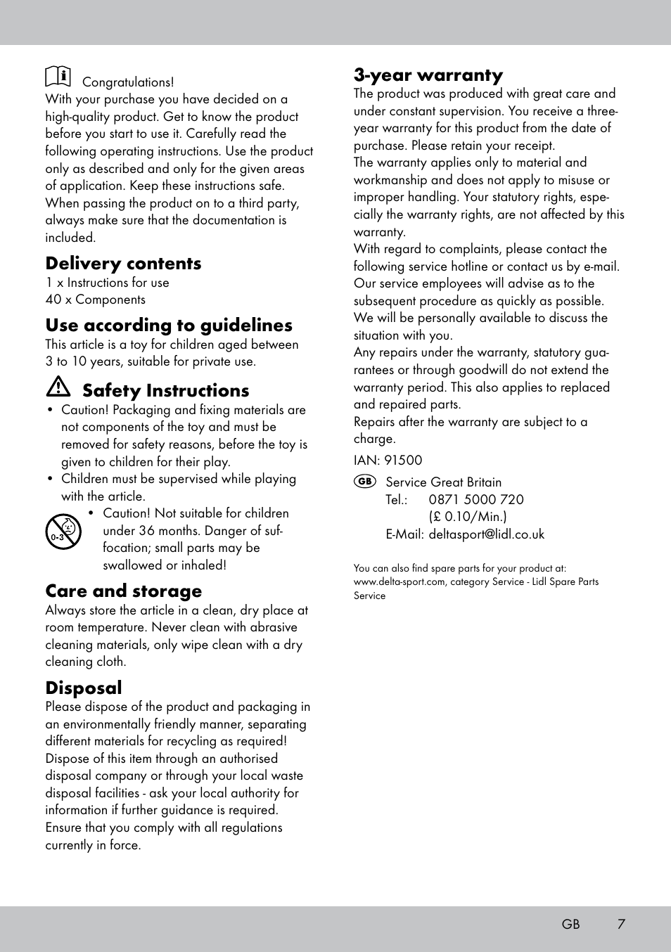 Delivery contents, Use according to guidelines, Safety instructions | Care and storage, Disposal, Year warranty | Playtive WOODEN MARBLE RUN User Manual | Page 7 / 8