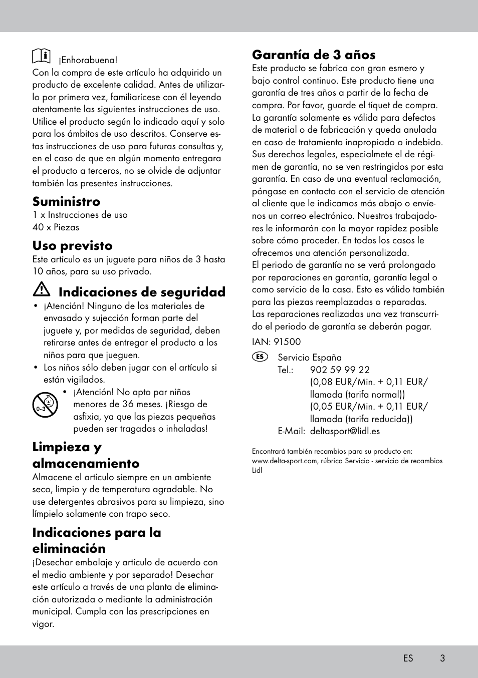 Suministro, Uso previsto, Indicaciones de seguridad | Limpieza y almacenamiento, Indicaciones para la eliminación, Garantía de 3 años | Playtive WOODEN MARBLE RUN User Manual | Page 3 / 8