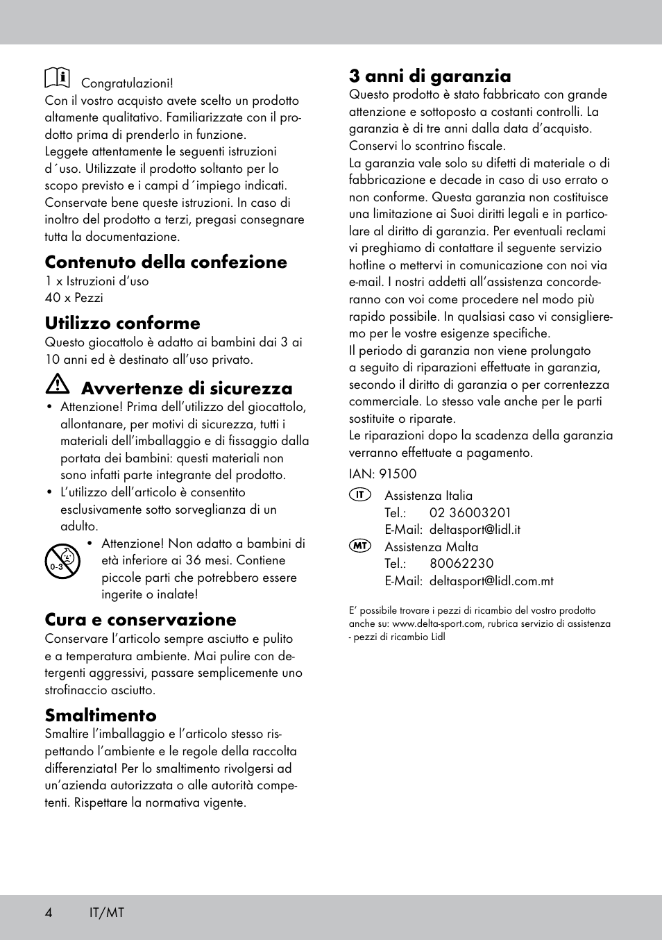Contenuto della confezione, Utilizzo conforme, Avvertenze di sicurezza | Cura e conservazione, Smaltimento, 3 anni di garanzia | Playtive WOODEN MARBLE RUN User Manual | Page 4 / 8