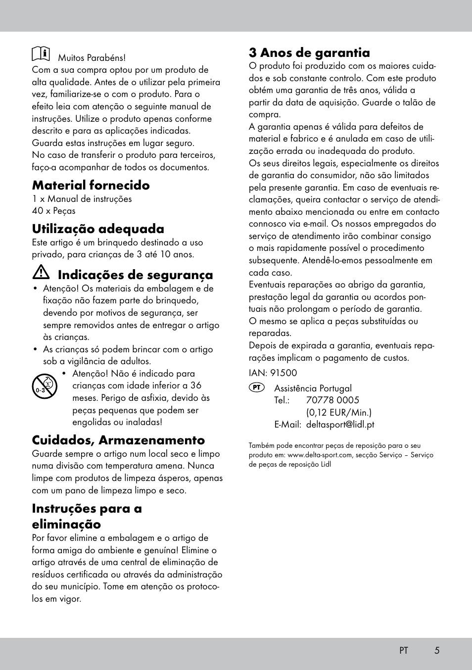 Material fornecido, Utilização adequada, Indicações de segurança | Cuidados, armazenamento, Instruções para a eliminação, 3 anos de garantia | Playtive WOODEN MARBLE RUN User Manual | Page 5 / 8