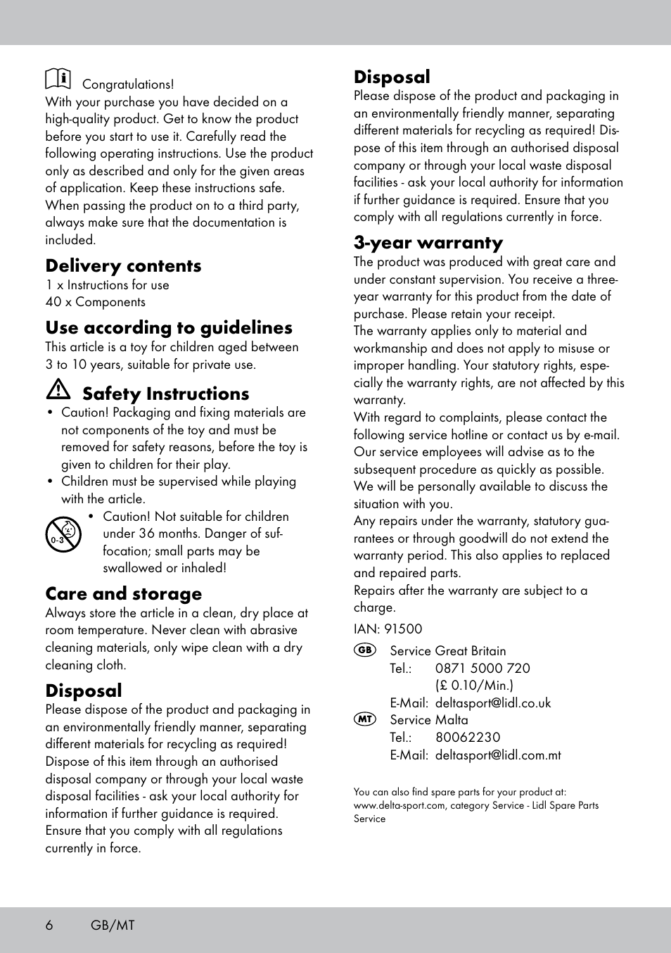 Delivery contents, Use according to guidelines, Safety instructions | Care and storage, Disposal, Year warranty | Playtive WOODEN MARBLE RUN User Manual | Page 6 / 8