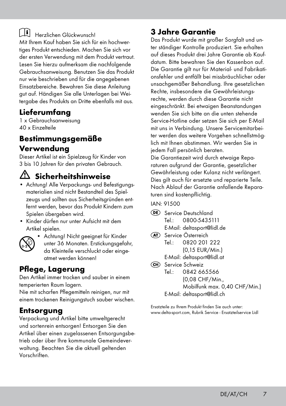 Lieferumfang, Bestimmungsgemäße verwendung, Sicherheitshinweise | Pflege, lagerung, Entsorgung, 3 jahre garantie | Playtive WOODEN MARBLE RUN User Manual | Page 7 / 8