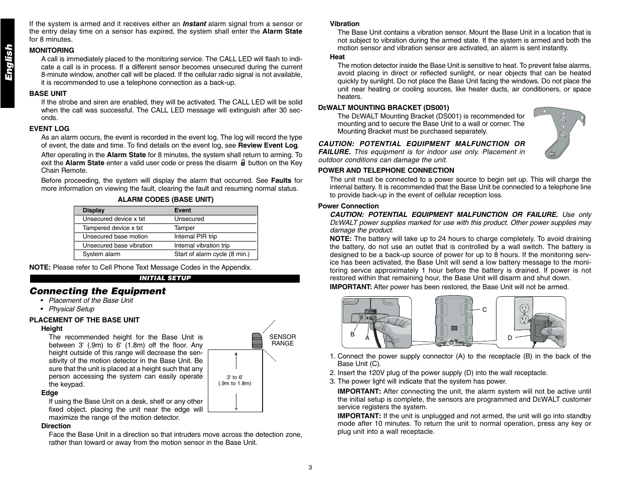 English, Connecting the equipment | DeWalt DS100 User Manual | Page 10 / 104