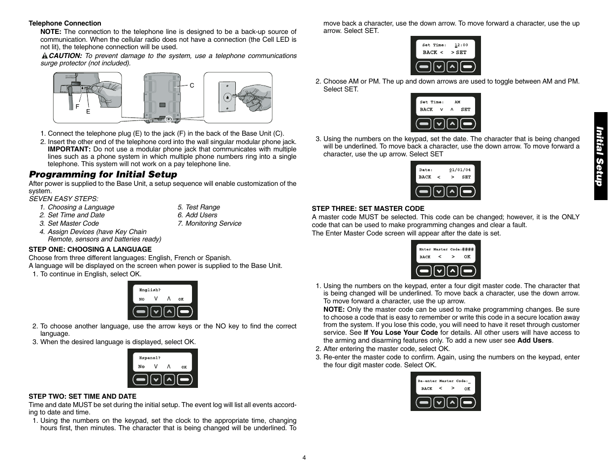 Initial setup, Programming for initial setup | DeWalt DS100 User Manual | Page 11 / 104