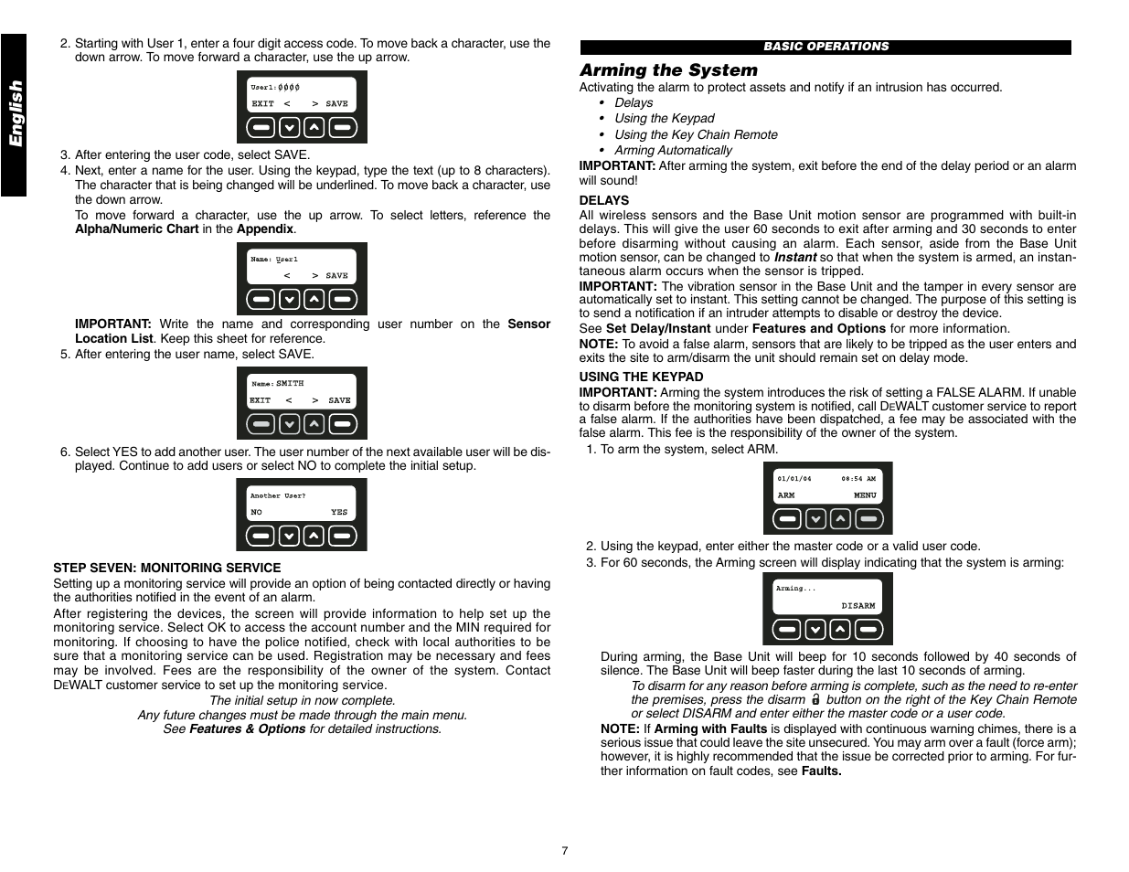 English, Arming the system | DeWalt DS100 User Manual | Page 14 / 104