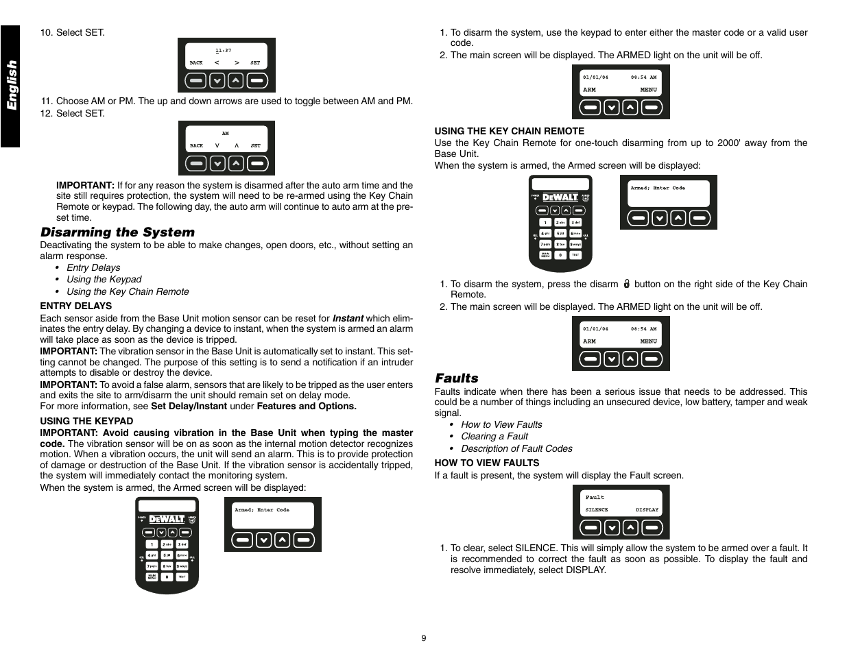 English, Disarming the system, Faults | DeWalt DS100 User Manual | Page 16 / 104