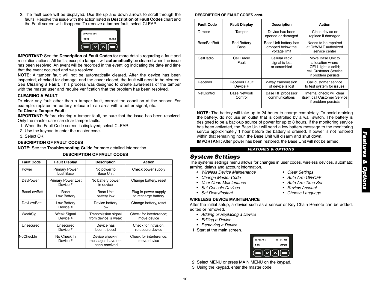 Featur es & options, System settings | DeWalt DS100 User Manual | Page 17 / 104