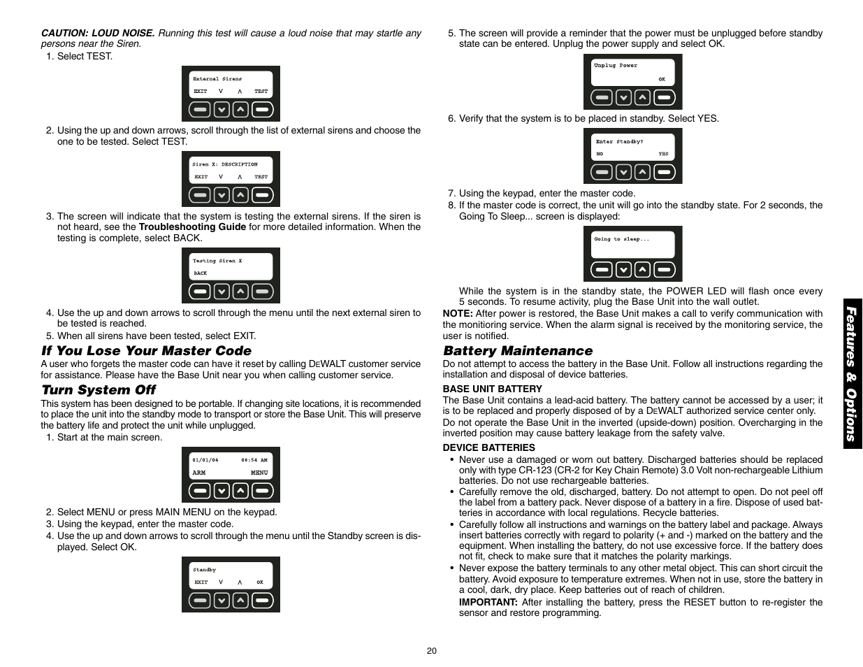 Featur es & options, If you lose your master code, Turn system off | Battery maintenance | DeWalt DS100 User Manual | Page 27 / 104