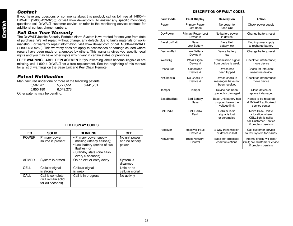 English, Contact, Full one year warranty | Patent notification | DeWalt DS100 User Manual | Page 28 / 104