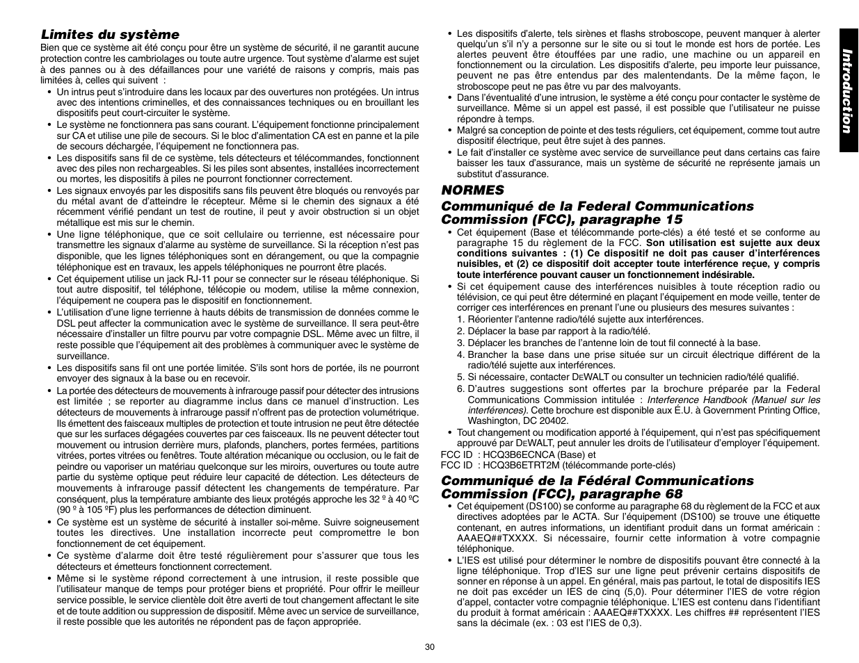Limites du système, Intr oduction | DeWalt DS100 User Manual | Page 37 / 104