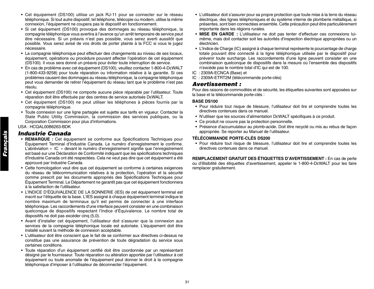 Français, Industrie canada, Avertissement | DeWalt DS100 User Manual | Page 38 / 104