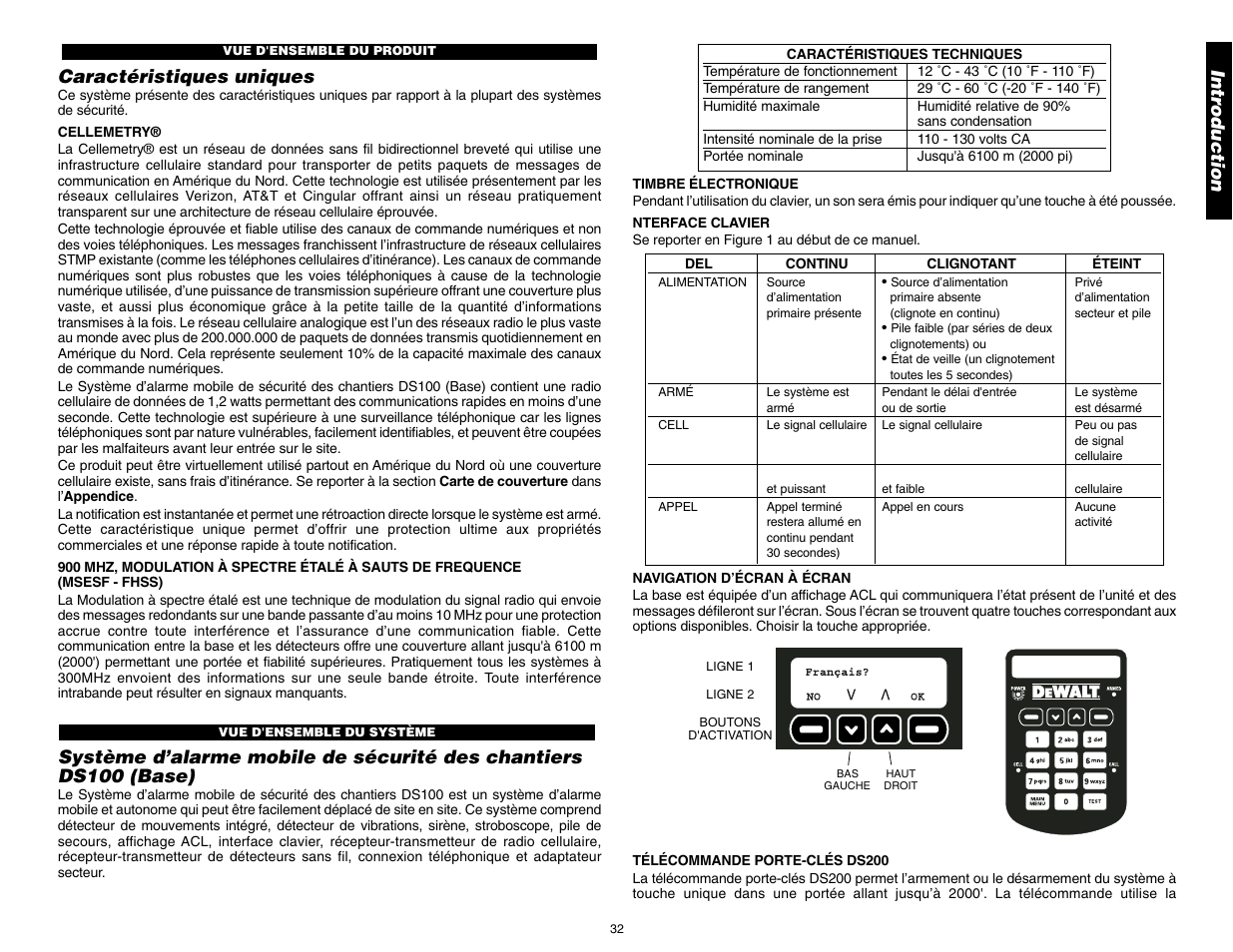 Intr oduction caractéristiques uniques | DeWalt DS100 User Manual | Page 39 / 104