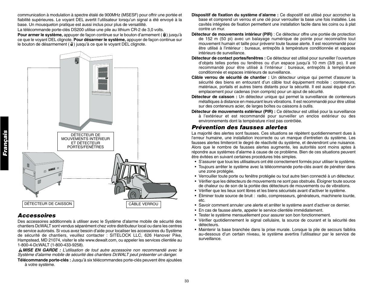 Français, Accessoires, Prévention des fausses alertes | DeWalt DS100 User Manual | Page 40 / 104