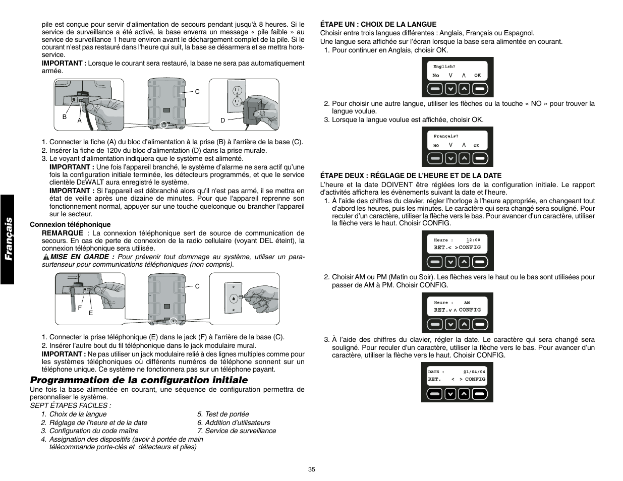 Français, Programmation de la configuration initiale | DeWalt DS100 User Manual | Page 42 / 104
