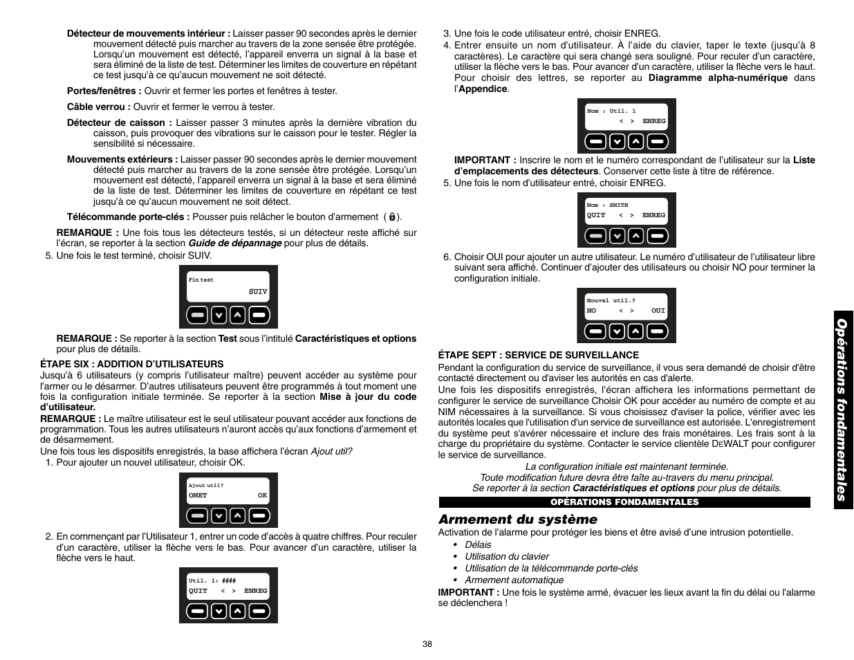 Armement du système, Opérations fondamentales | DeWalt DS100 User Manual | Page 45 / 104