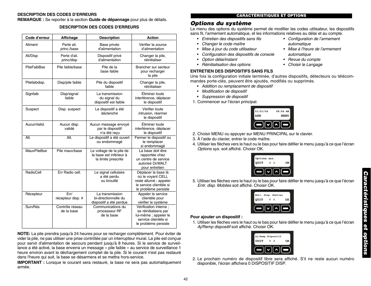 Options du système, Caractéristiques et options | DeWalt DS100 User Manual | Page 49 / 104