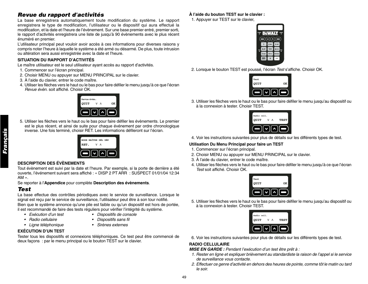 Français revue du rapport d'activités, Test | DeWalt DS100 User Manual | Page 56 / 104