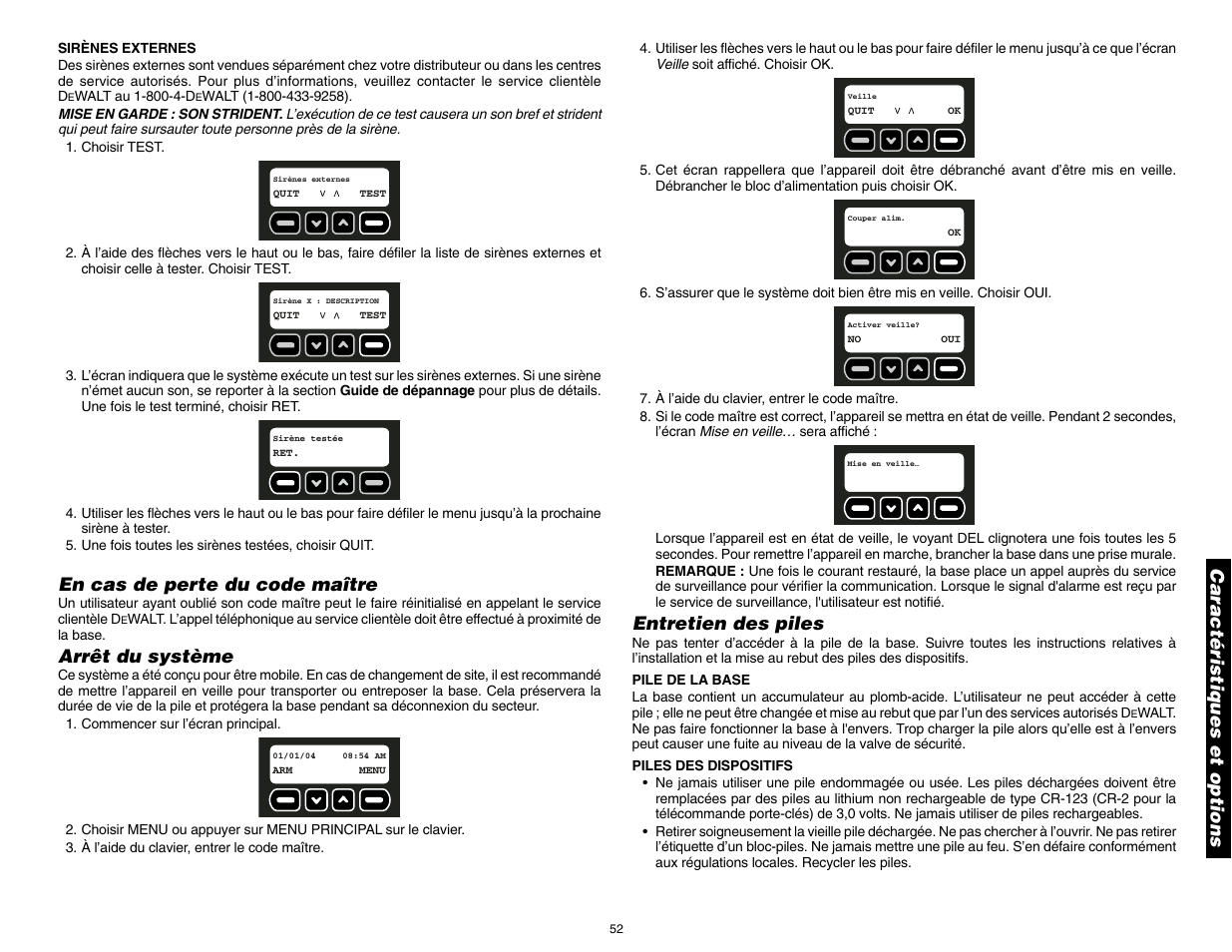 En cas de perte du code maître, Arrêt du système, Entretien des piles | Caractéristiques et options | DeWalt DS100 User Manual | Page 59 / 104