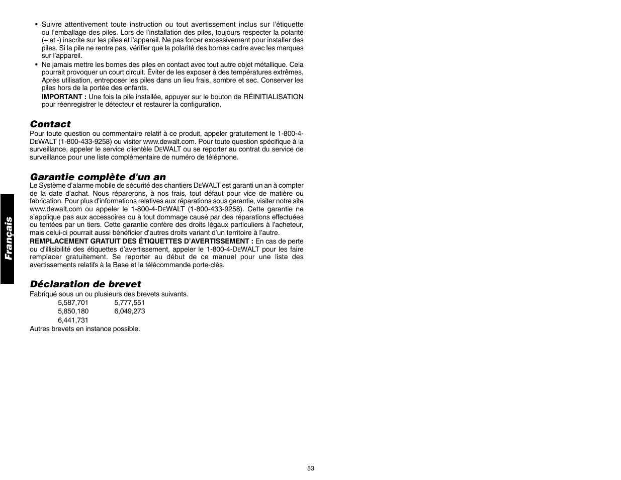Français, Contact, Garantie complète d'un an | Déclaration de brevet | DeWalt DS100 User Manual | Page 60 / 104