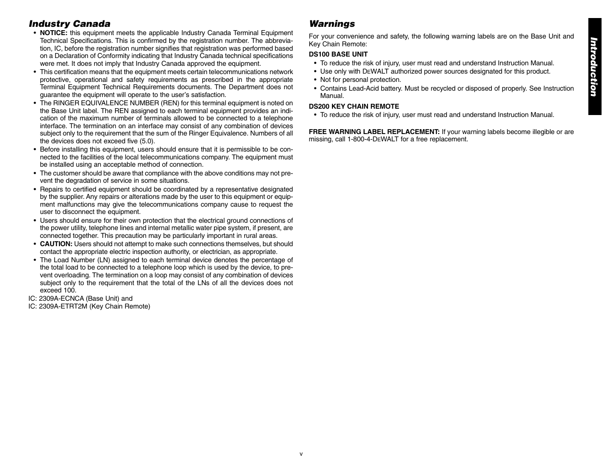 Intr oduction, Industry canada, Warnings | DeWalt DS100 User Manual | Page 7 / 104