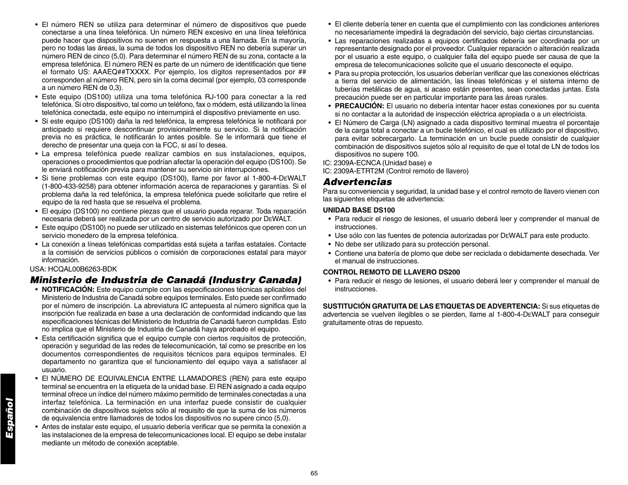 Español, Advertencias | DeWalt DS100 User Manual | Page 72 / 104