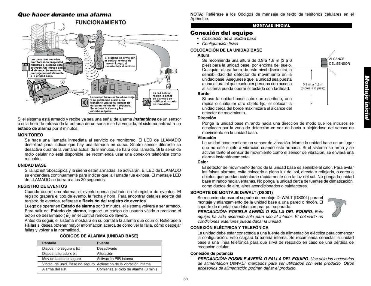 Que hacer durante una alarma, Conexión del equipo, Montaje inicial | DeWalt DS100 User Manual | Page 75 / 104